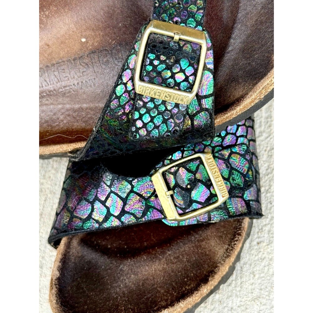 ⁠Birkenstock Madrid Black Metallic Python Snake Sandals Sz 38 Gold Buckle